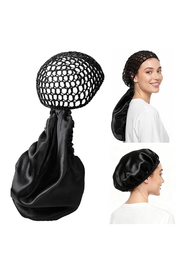 2-in-1 Reversible Satin Silk Wrap Cap Bonnet with Adjustable Tie Band, Double Layer Hair Bonnet for Sleeping, Silk Press, Curly & Braided Hair Care (Black)