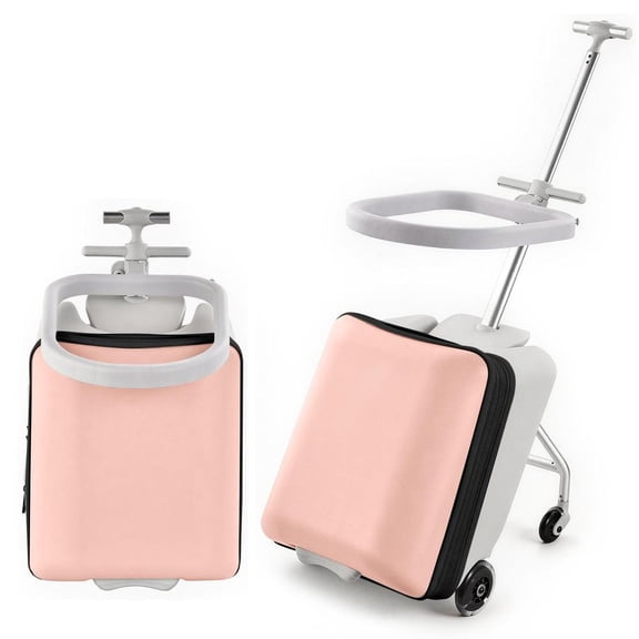 2-in-1 Ride-On Luggage for Kids, Expandable Carry-On Suitcase with Detachable Seat and Safety Guardrail, Travel Stroller Luggage with Spinner Wheels for Airplanes, Pink