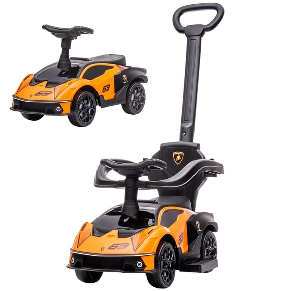2-in-1 Ride-On Push Car for Toddlers, Licensed Lamborghini Stroller with Horn & Engine Sound, Orange