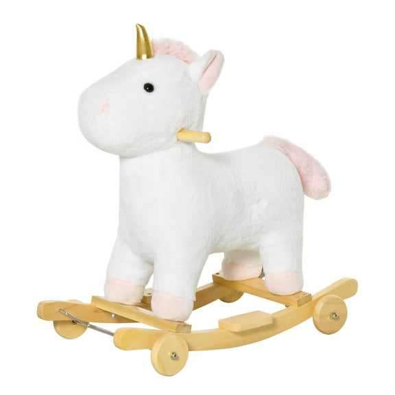 2-in-1 Rocking & Rolling Unicorn Ride-On with Sound, Wood Base & Pedal, for Ages 3-6, White