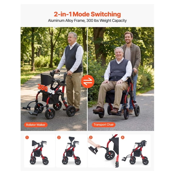 2-in-1 Rollator Walker & Transport Chair, Foldable Mobility Aid