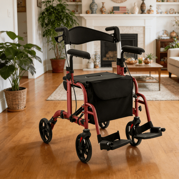 2-in-1 Rollator Walker Wheelchair 300lbs 6-Level Adjustable Handles One Hand Folding Transport Chair with Storage Bag Cane Holder Elderly Senior Mobility Aid Medical Walking Assistant Aluminum Red