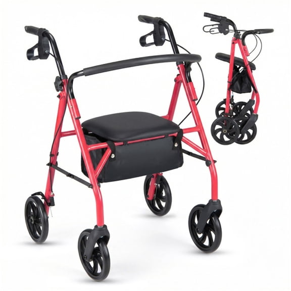2 in 1 Rollator Walker with Seat Red 8 Inch Large Wheels Versatile Braking System Adjustable Height