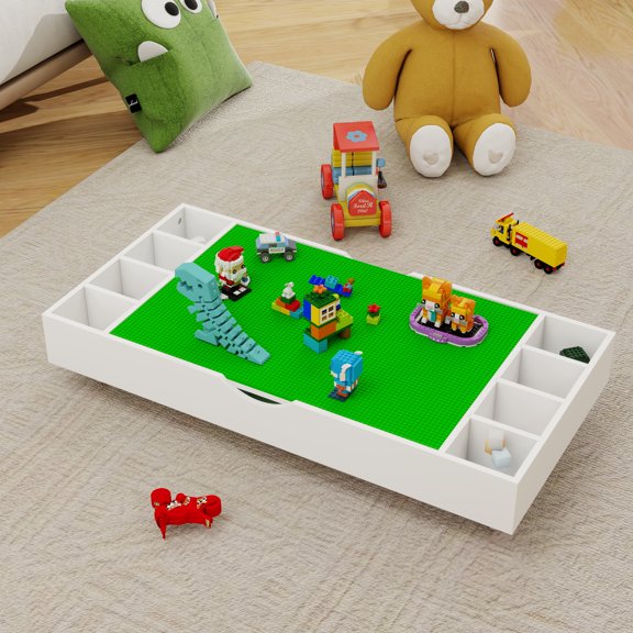 2 in 1 Rollaway Activity Table with Storage, Kids Play Table with LEGO Building Blocks, Under bed/sofa storing