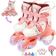 2-in-1 Roller Skates for Kids Girls Boys Inline Skates and Quad with Light up Wheels and Adjustable Sizes(S, Pink)