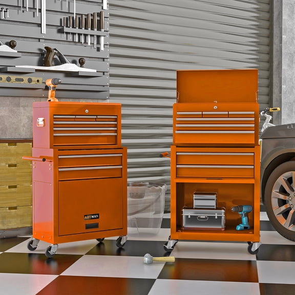 2 in 1 Rolling Cabinet Storage Chest Box Garage Toolbox Organizer with Wheels and 8-Drawers, Orange