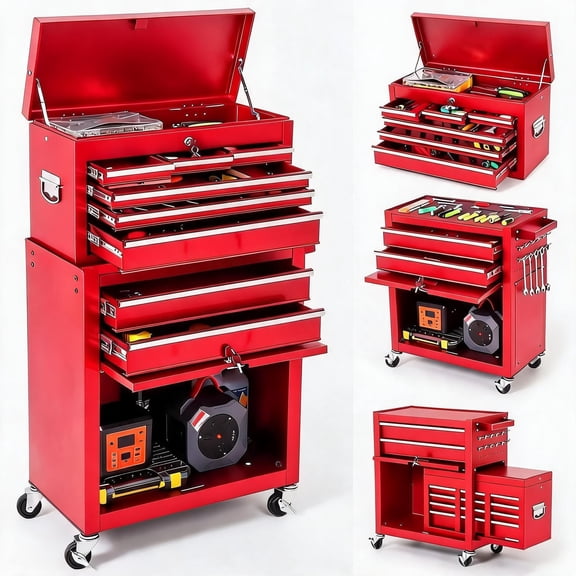 2-in-1 Rolling Tool Chest & Detachable Top Toolbox, 8-Drawer Metal Tool Cabinet with Sliding Drawers, Drawer Liners & Locking Casters, Red - Side Armrest - 3 Inch Wheels