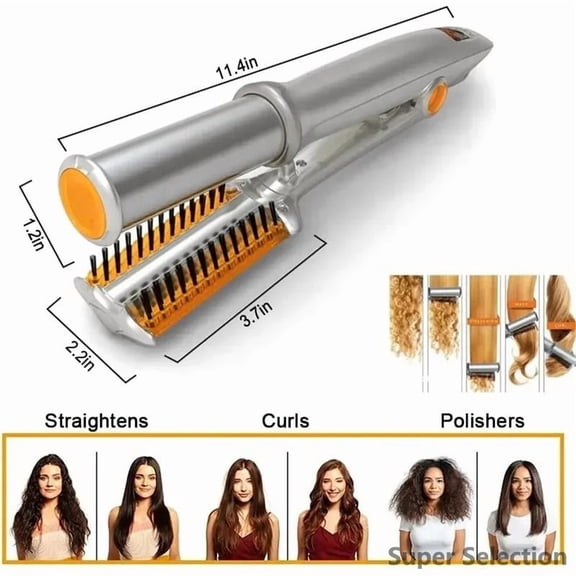 2-in-1 Rotating Hair Styler & Straightener, Automatic Curling Iron Brush With Ceramic Tourmaline Plates, 3 Temperature Settings 230C, Dual Voltage For Home Use