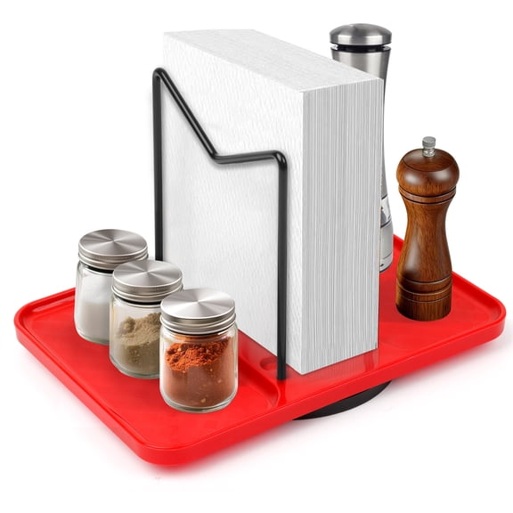 2-in-1 Rotating Spice Rack Organizer with Napkin Holder, 360° Lazy Susan Turntable for Kitchen Countertop and Dining Table, Non-Slip Storage Tray for Seasoning Jars and Condiments