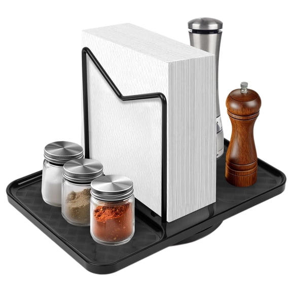 2-in-1 Rotating Spice Rack Organizer with Napkin Holder, 360° Lazy Susan Turntable for Kitchen Countertop and Dining Table, Non-Slip Storage Tray for Seasoning Jars and Condiments