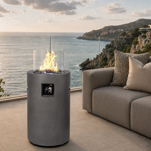 2-in-1 Round Propane Fire Table, 17 Inch Outdoor Gas Fire Column, 50,000 BTU Gas Firepit with Glass Beads and Cover for Backyard, CSA Certified, Gray