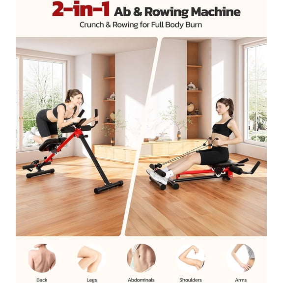 2-in-1 & Rowing - Foldable Trainer with 7-Level Height Adjustment, Foam Support, LCD Display for Home Workout