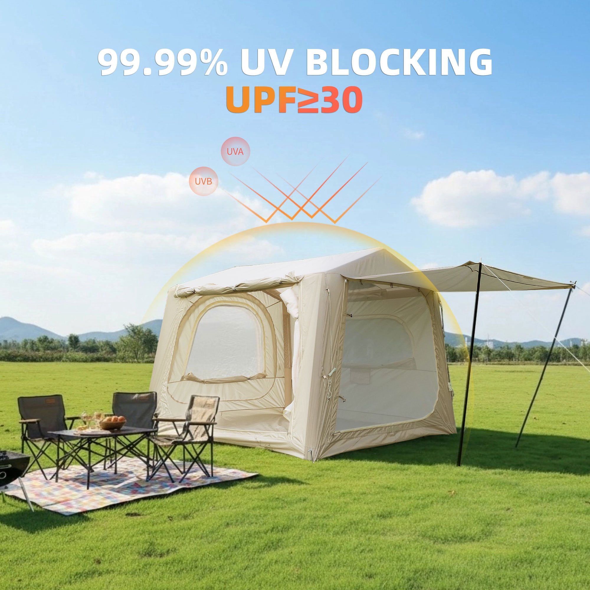 2-in-1 SUV Tailgate Tent with Air Pump, Inflatable Camping Tent 4-6 Person, Waterproof Oxford Blow Up Shelter for Car Camping & Outdoor Adventures, Beige