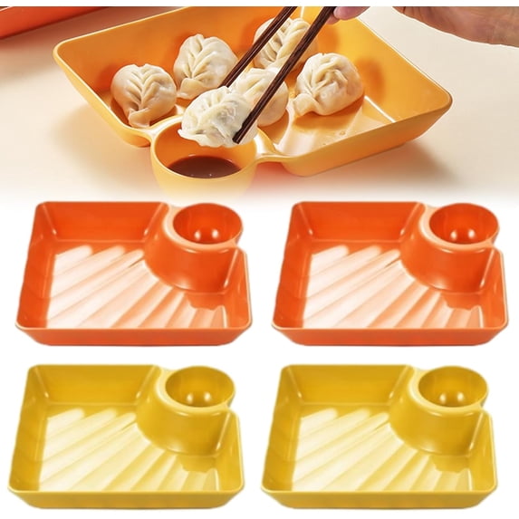 2-in-1 Sauce Separated Serving Dish – Practical Divided Plate with Dipping Saucer Design, Great for Dumplings, Chips, Salsa, Sushi, Fried Food and Casual Gathering Treats 4PC-C