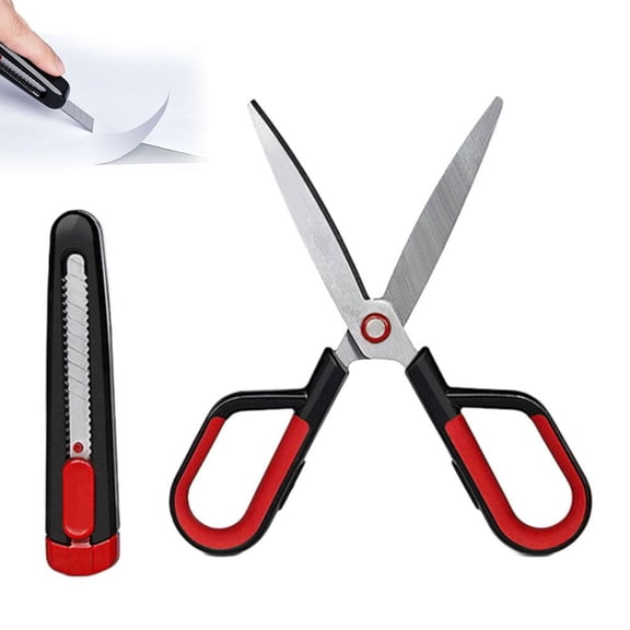 2-in-1 Scissors and Utility Knife Set, Non-Stick Fabric Sewing Shears with Comfort Grip, Box Cutter for Home, Crafting, Office