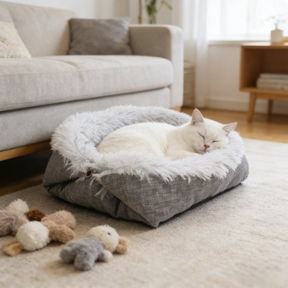 2-in-1 Self-Warming Pet Bed and Mat, Foldable Thermal Cat Bed with Buckles, Washable Soft Dog Cushion for Indoor and Outdoor Use, Portable Travel Pet Pad for Car and Sofa, 24x20"
