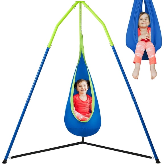 2-in-1 Sensory Swing with Stand, Triangular Frame Swing Set with Sensory Swing & Pod Swing, Heavy Duty Steel Swing Stand for Kids, 200 lbs Capacity, Indoor & Outdoor, Height Adjustable Design