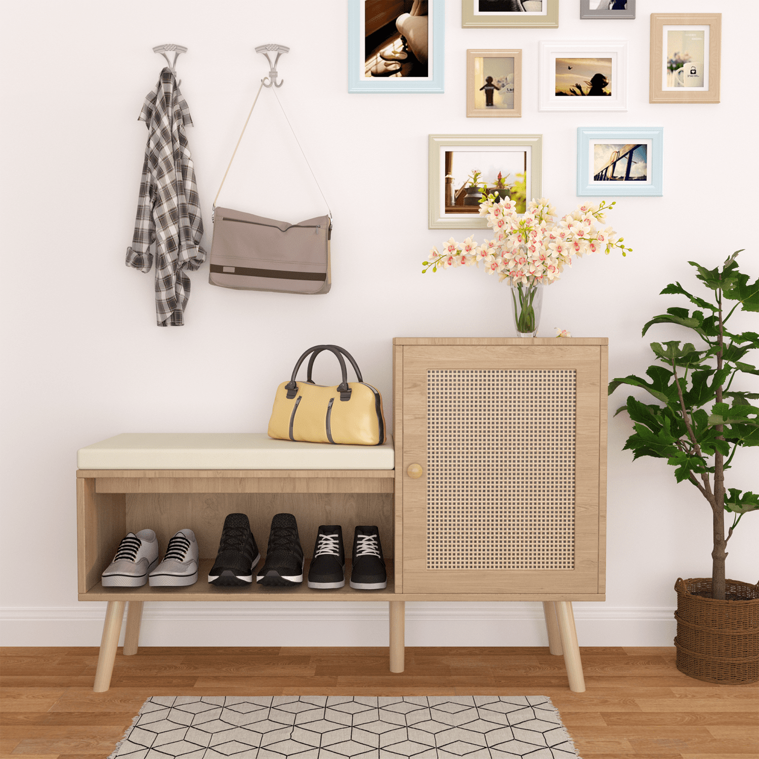 2-in-1 Shoe Storage Bench, PP Rattan Shoe Cabinet with 2 Adjustable Shelves and Removable Seat Cushion, Modern Entryway Bench, Shoe Storage Organizer, Shoe Rack for Hallway, Bedroom