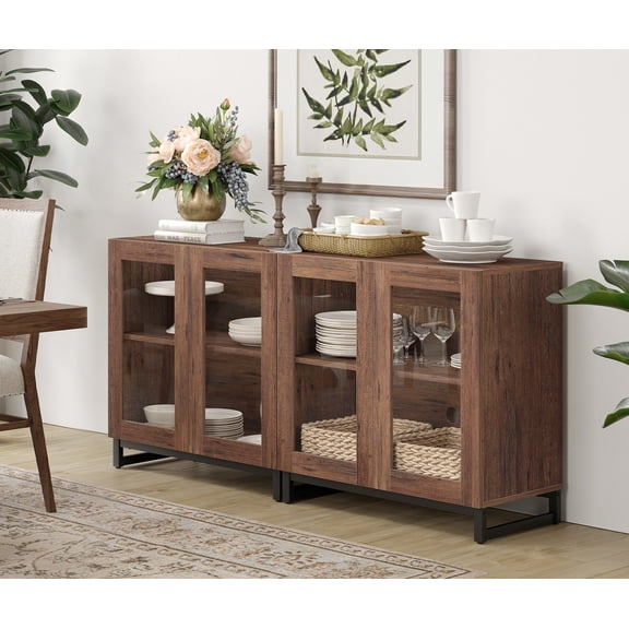 2 in 1 Sideboard Buffet with 4 Glass Doors & Adjustable Shelf, Modern Wood Grain Storage for Living Room, Kitchen,Brown