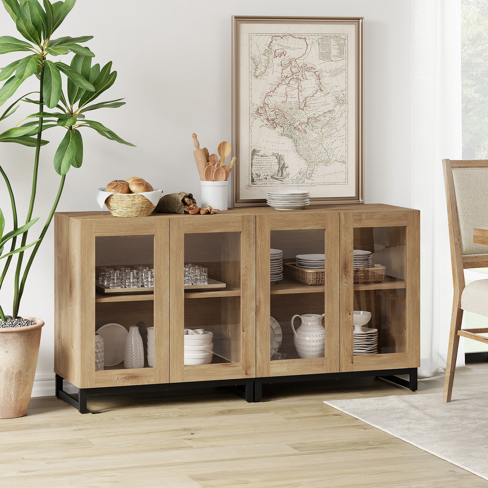 2 in 1 Sideboard Buffet with 4 Glass Doors & Adjustable Shelf, Modern Wood Grain Storage for Living Room, Kitchen,Oak
