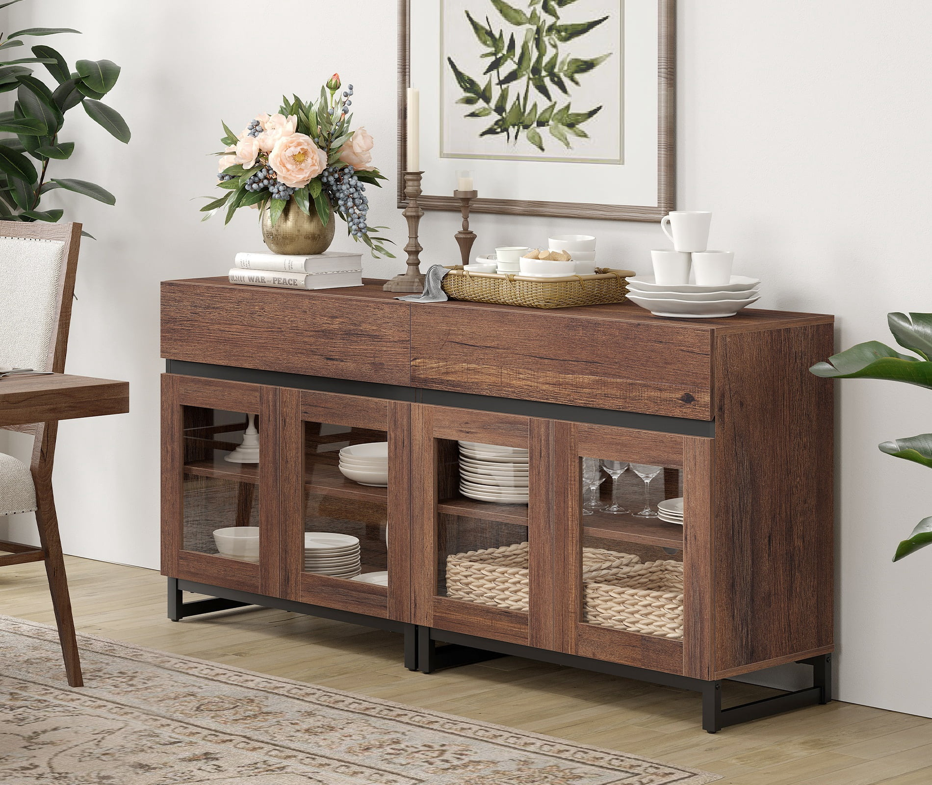 2 in 1 Sideboard with 4 Glass Doors & 2 Drawers, Metal Base, Wood Grain for Living Room, Kitchen，Brown