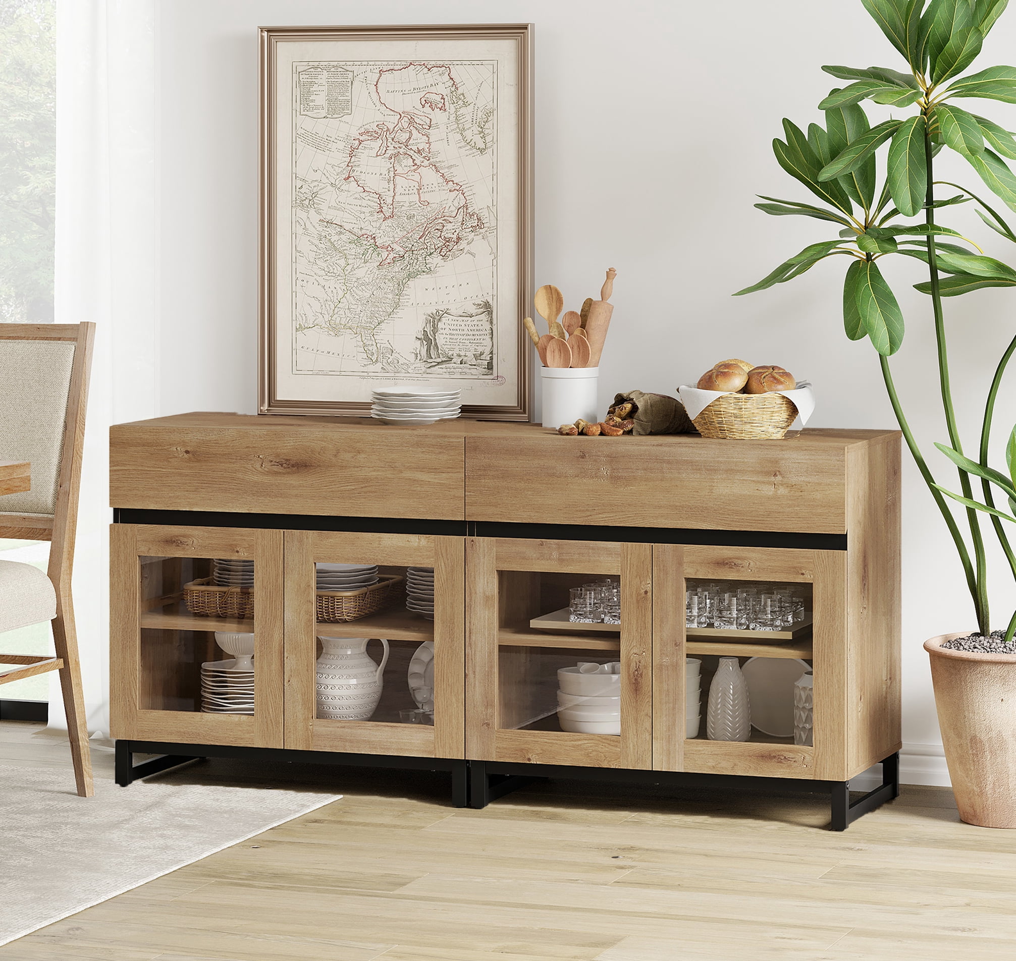 2 in 1 Sideboard with 4 Glass Doors & 2 Drawers, Metal Base, Wood Grain for Living Room, Kitchen，Oak
