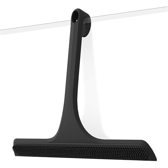 2-in-1 Silicone Shower Squeegee with Hook,Dual-Sided Design with Scraper & Scrub Surface,Streak-Free for Glass,Mirrors,Windows,Car Windshields (Black)