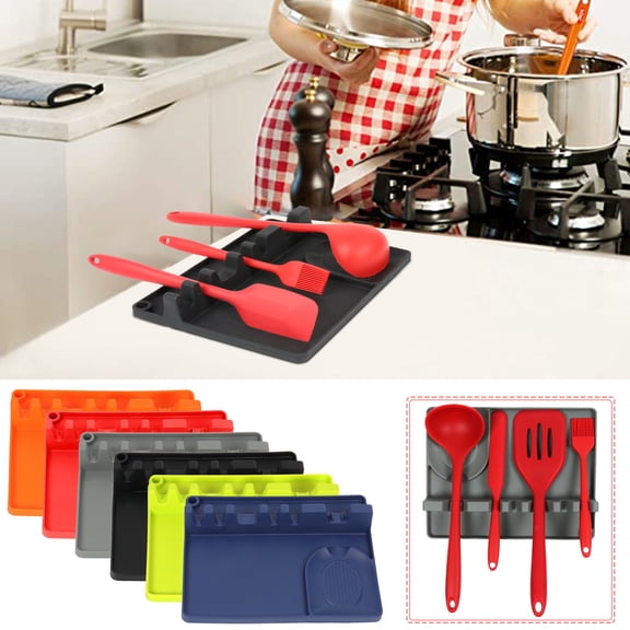 2-in-1 Silicone Spoon Rest with Hang Hole, Heat-Resistant Utensil Holder for Stove, Countertop, Kitchen Organizer Gray 10.2x8''