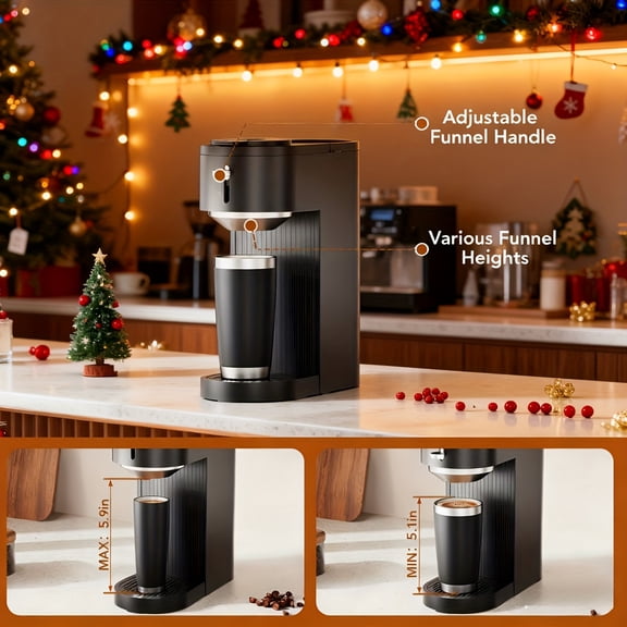 2-in-1 Single Serve Coffee Maker, 6-14oz Brew Sizes, 40oz Removable Tank, Auto Clean & Shut Off, Ground Coffee & Pod Compatible, Space-Saving Mini 1-Cup Black Coffee Maker, Christmas Gift