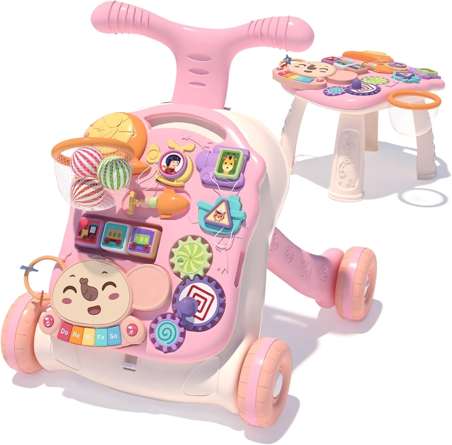 2-in-1 Sit to Stand Learning Walker & Activity Center - Adjustable Speed Baby Walker with Music, Shape Sorter & Basketball Hoop - Educational First Steps Toy Gift for Infants 6-24 Months