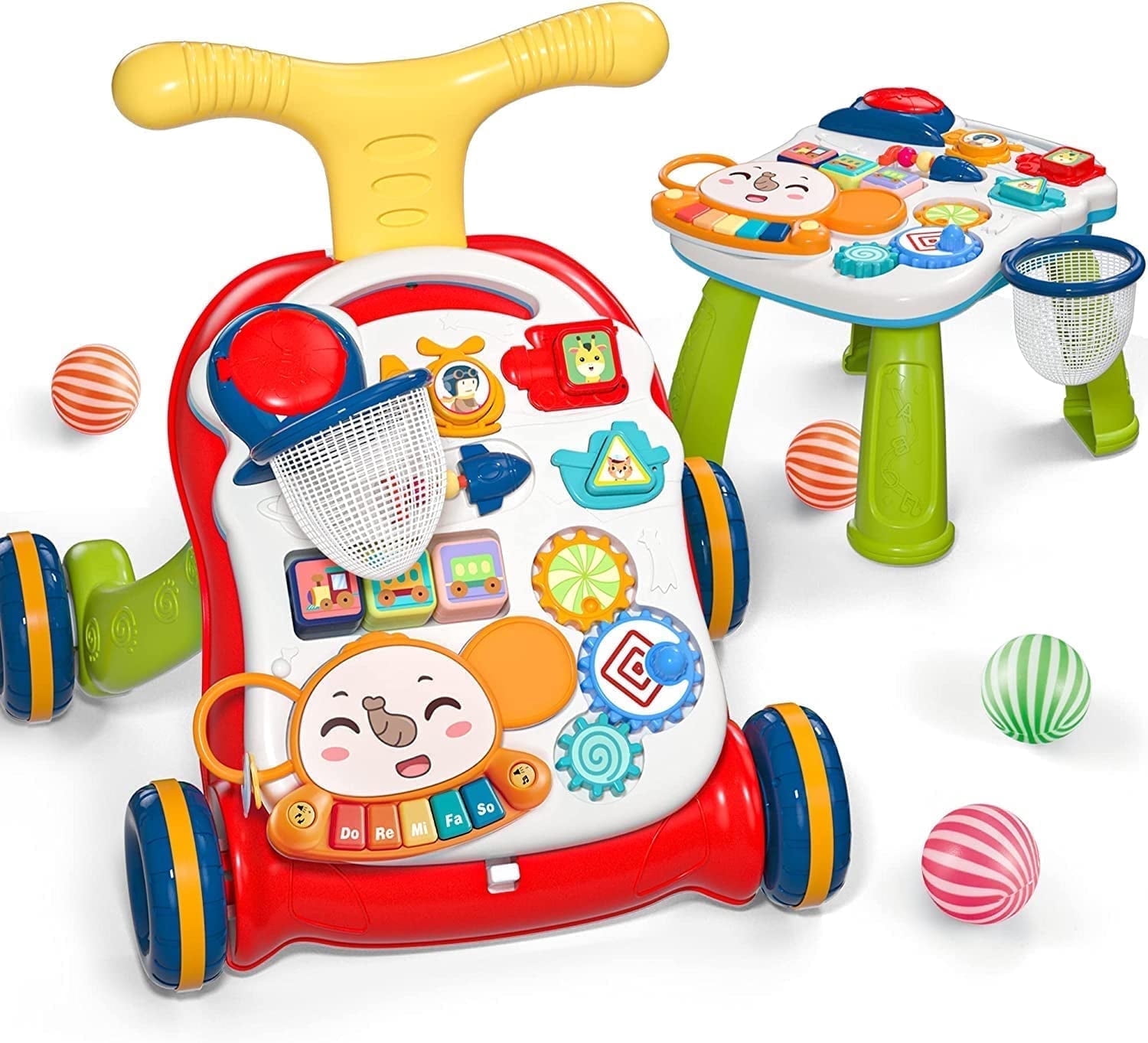 2-in-1 Sit to Stand Learning Walker - Baby Activity Center with Removable Play Panel, Music & Shape Sorter, Adjustable Speed & Height, First Steps Walker Toy Gift for Infants & Toddlers