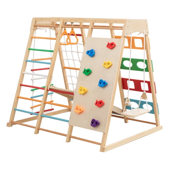 Thanaddo 9-in-1 Wooden Swing Set and Climber Indoor Outdoor Playset for Kids Ages 3-8