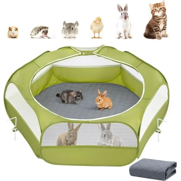 Pawaboo 2-in-1 Small Animals Playpen with Pad, Waterproof Small Pet Cage Tent with Reusable Pad, Portable Outdoor Yard Fence for Chick/Kitten/Puppy/Guinea Pig/Rabbits/Chinchillas, Green