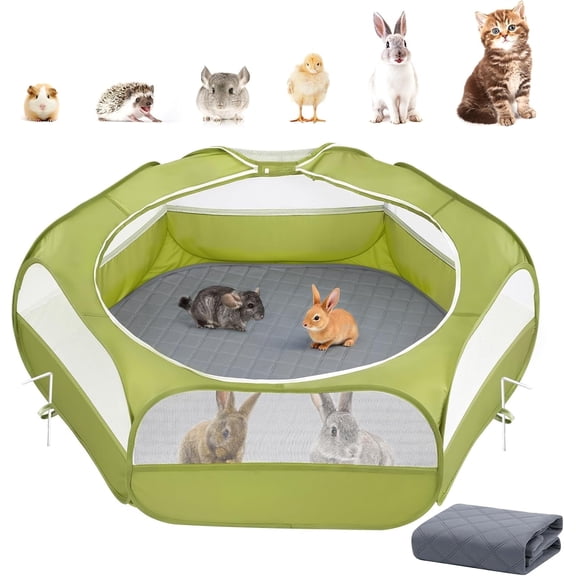 Pawaboo 2-in-1 Small Animals Playpen with Pad, Waterproof Small Pet Cage Tent with Reusable Pad, Portable Outdoor Yard Fence for Chick/Kitten/Puppy/Guinea Pig/Rabbits/Chinchillas, Green