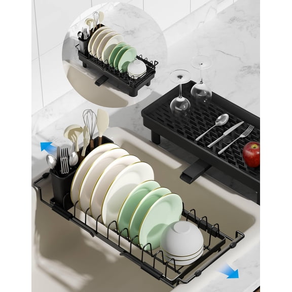 2-in-1 Small Dish Drying Rack Fits 14''–21.8'' Sink, Dish Drainers for Kitchen Counter Extend Kitchen Sink Drain Basket with Utensil Holder & Auto-Drain Tray