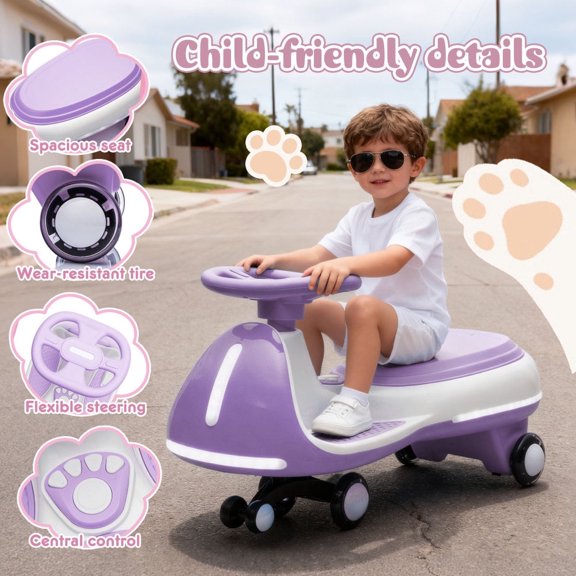 2-in-1 Smart Design 12V Kids Electric Wiggle Car with LED Stream Lights, Flashing PU Wheels, Bluetooth Music, 5 MPH Speed, Triangular Stability Frame for Ages 3-8 -Purple