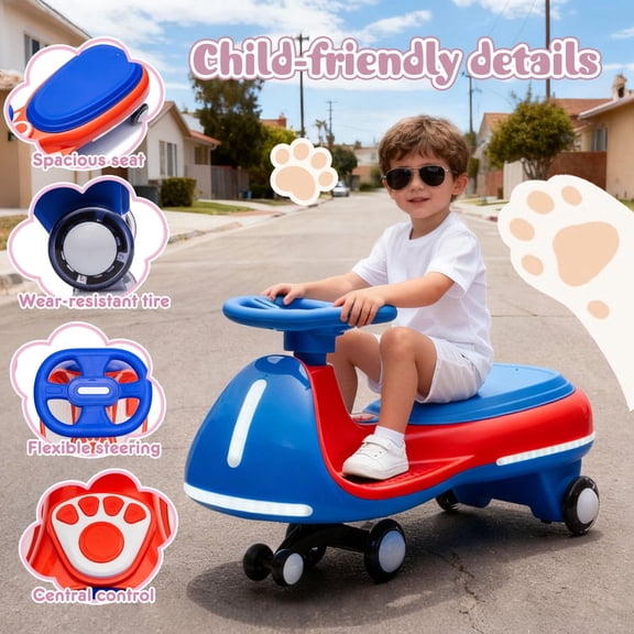 2-in-1 Smart Design 12V Kids Electric Wiggle Car with LED Stream Lights, Flashing PU Wheels, Bluetooth Music, 5 MPH Speed, Triangular Stability Frame for Ages 3-8