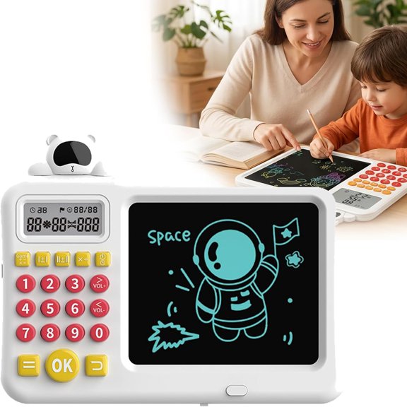 2-in-1 Smart Math Learning Tablet & LCD Writing Pad, Interactive Doodle Tool with Decomposition Number Logic Question Bank, Split Screen Design for Calculation and Sketching(White)