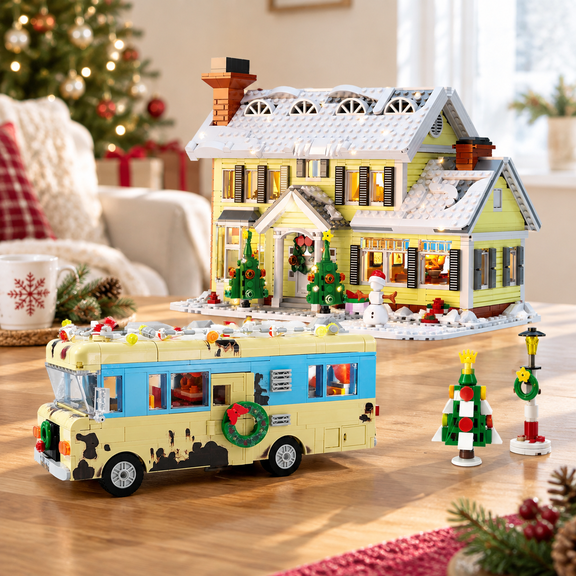 2-in-1 Snow Village and RV Interlocking Block Building Set with LED Lights, 1726 Pieces