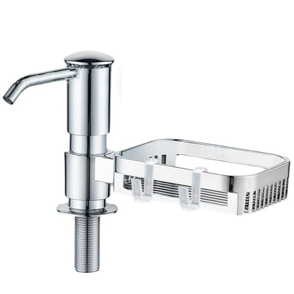 2-in-1 Soap Dispenser with Storage Basket, Brushed Pump Head & Extension Tube, All-in-One Countertop Organizer for Kitchen and Bathroom Sink