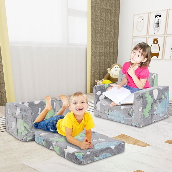 2-in-1 Soft Plush Toddler Couch & Chair Fold Out Convertible Sofa to Lounger with Blanket, Glow-in-The-Dark Dinosaur Design for Boys & Girls, Playroom/Kids Bedroom