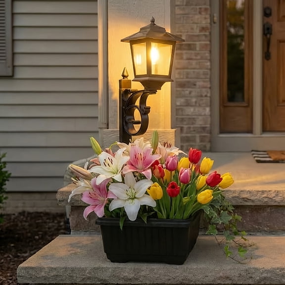 2-in-1 Solar Lamp Post Light, Outdoor Flower Pot Planter, Glass Lampshade, 20LM LED Bulb, IP44 Waterproof, Wall/Floor Mount, Easy Assembly for Patio Lawn Yard Decor