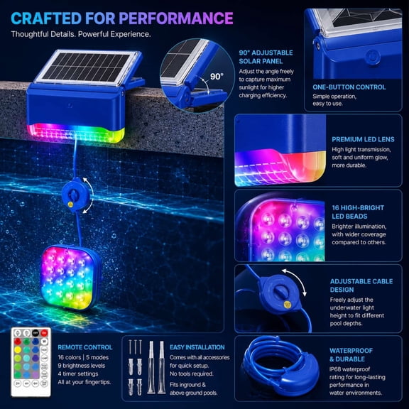 2-in-1 Solar Powered Pool Light, Dual Above-Water & Underwater LED Light with Remote, IP68 Waterproof RGB Color Changing Light for Inground/Above-Ground Pools