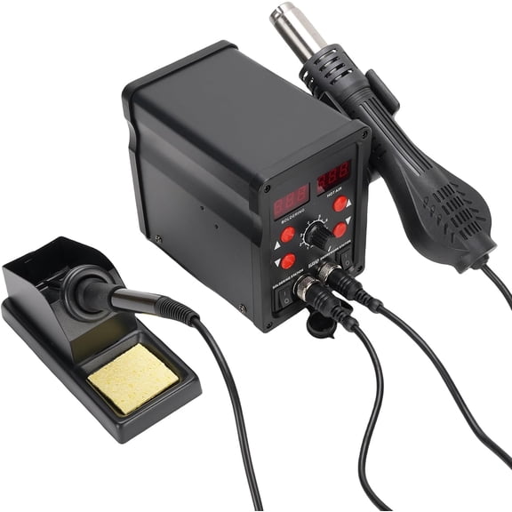 2-in-1 Soldering Station & Hot Air Rework Station with Dual Digital Display, 80W Soldering Iron (200 C-500 C) and 700W Hot Air Gun (100 C-480 C), 3 Nozzles, for Electronics Repair, and More