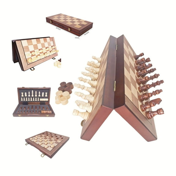 2-in-1 Solid Wood Magnetic Chess Checkers Set