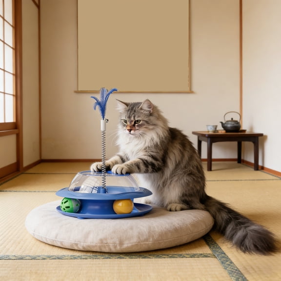 2-in-1 Sping Teaser Cat Toy,Food Leakage Interactive Ball On Track with Feathers & Bells,Interactive Puzzle Toys for Indoor,Slow Cat Treats Dispenser Food Feeder Dispensing Bowl