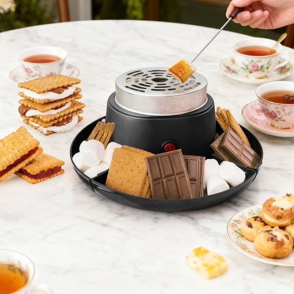 2-in-1 Stainless Steel Chocolate & Hot Pot Melting Set with Roasting Function, 10-Piece Kit with Fruit Plates & Forks, Constant Temperature for Fondue & Party, Black/Coffee, 12.6 x 7.09 in