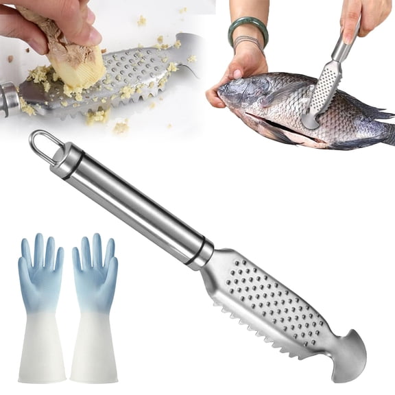 2-in-1 Stainless Steel Fish Scale Scrapper + Ginger Grater, Multifunction Steel Fish Descaler Tool with Hanging Handle, Descaler Sawtooth for Easy Descaling for Chefs and Home Cooks