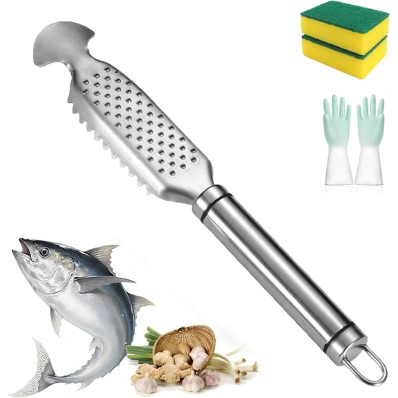 2-in-1 Stainless Steel Fish Scaler + Ginger Grater - Fish Scaler Remover with Sawtooth Fish Scale Scraper, Heavy Duty Manual Fish Descaler Tool with Hanging Handle for Kitchen Cooking (1PCS)