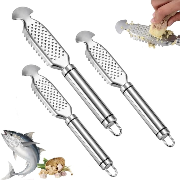 2-in-1 Stainless Steel Fish Scaler & Ginger Grater, Multifunction Fish Scale Scraper, Professional Fish Descaler Tool with No Mess Design, Multifunction Ginger Grater Kit for Kitchen (3PCS)